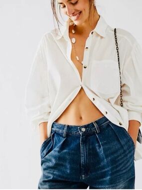 Free People We The Free Happy Hour Solid Poplin Shirt Oversized White S COTTON